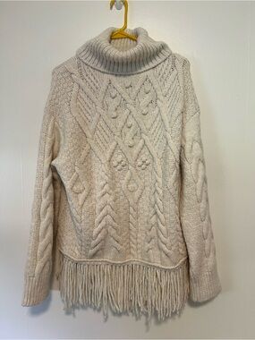 Zara Cream Cable-Knit Turtleneck Sweater with Fringe